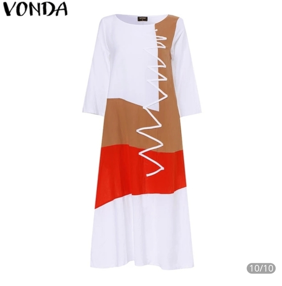 VONDA Midi Length 100% Cotton Dress w/Red & Tan Inserts & White ZigZag Accent 4X - Picture 1 of 12